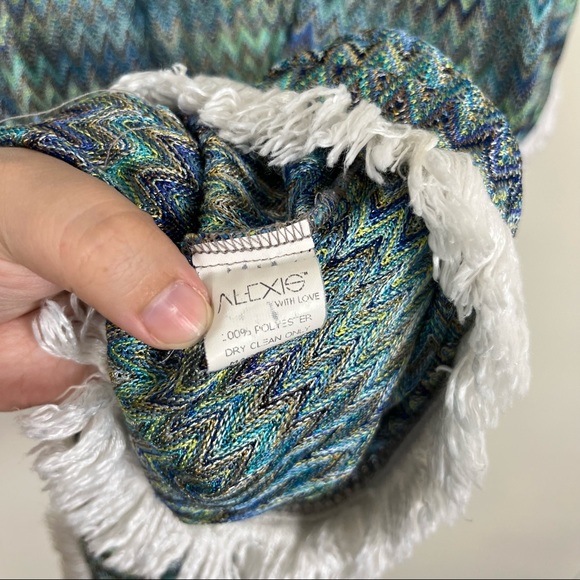 ALEXIS PONCHO COVER UP IN BLUE AND GREEN WITH WHITE FRINGE TRIM SIZE XS/S - Picture 9 of 13